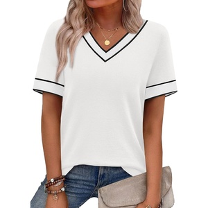 image:imageWIHOLL Short Sleeve Sweater for Women V Neck Spring Summer Tops 2026 Work Business Casual Outfits Trendy Clothes1color Block White