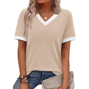 image:imageWIHOLL Short Sleeve Sweater for Women V Neck Spring Summer Tops 2026 Work Business Casual Outfits Trendy Clothes2color Block Apricot