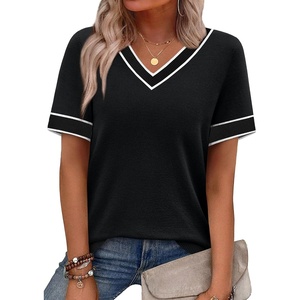 image:imageWIHOLL Short Sleeve Sweater for Women V Neck Spring Summer Tops 2026 Work Business Casual Outfits Trendy ClothesColor Block Black 02