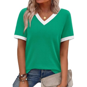 image:imageWIHOLL Short Sleeve Sweater for Women V Neck Spring Summer Tops 2026 Work Business Casual Outfits Trendy ClothesColor Block Green