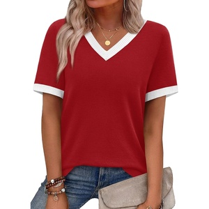 image:imageWIHOLL Short Sleeve Sweater for Women V Neck Spring Summer Tops 2026 Work Business Casual Outfits Trendy ClothesColor Block Red