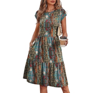 image:imageWIHOLL Summer Dresses for Women 2026 Cap Sleeve Casual Sundresses Floral Tiered Swing Fashion Beach Vacation Dress04  Blue Orange Boho Floral