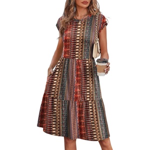 image:imageWIHOLL Summer Dresses for Women 2026 Cap Sleeve Casual Sundresses Floral Tiered Swing Fashion Beach Vacation Dress04  Brown Red Boho Stripe