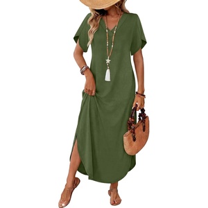image:imageWIHOLL Summer Dresses for Women Short Sleeve Maxi Dresses V Neck Sundress with Side Slit Pockets Casual Beach DressAmy Green