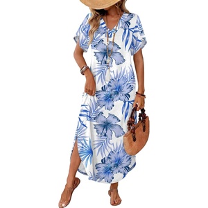 image:imageWIHOLL Summer Dresses for Women Short Sleeve Maxi Dresses V Neck Sundress with Side Slit Pockets Casual Beach DressFloral Blue