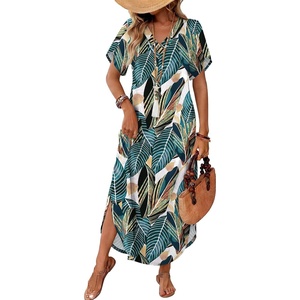 image:imageWIHOLL Summer Dresses for Women Short Sleeve Maxi Dresses V Neck Sundress with Side Slit Pockets Casual Beach DressFloral Palm Leaf