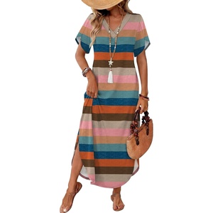 image:imageWIHOLL Summer Dresses for Women Short Sleeve Maxi Dresses V Neck Sundress with Side Slit Pockets Casual Beach DressStriped