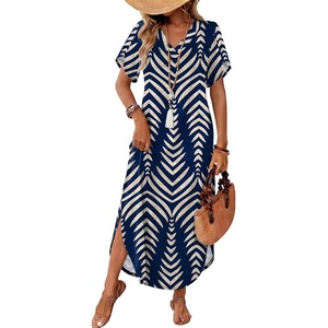 image:imageWIHOLL Summer Dresses for Women Short Sleeve Maxi Dresses V Neck Sundress with Side Slit Pockets Casual Beach DressStriped Navy