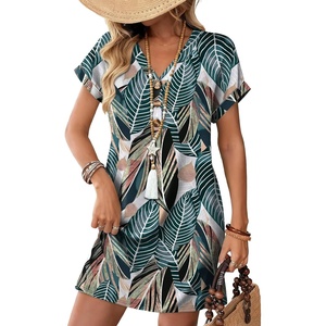 image:imageWIHOLL Summer Dresses for Women with Sleeves Midi Dress Button Down Beach Vacation Casual Dresses Fashion ClothingTropical Leaves