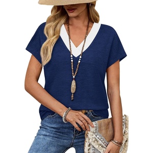 image:imageWIHOLL Summer Tops for Women 2026 Dressy Casual Short Sleeve Shirts Business Casual T Shirts Beach Vacation ClothesNavy Blue