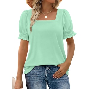 image:imageWIHOLL Tops for Women Summer Casual Ruffle Trim Sleeve Square Neck T Shirts1aqua