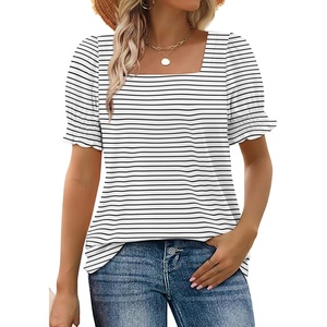image:imageWIHOLL Tops for Women Summer Casual Ruffle Trim Sleeve Square Neck T Shirts1blackstripe