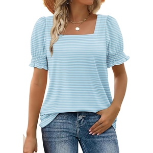 image:imageWIHOLL Tops for Women Summer Casual Ruffle Trim Sleeve Square Neck T Shirts1bluestripe
