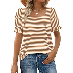 image:imageWIHOLL Tops for Women Summer Casual Ruffle Trim Sleeve Square Neck T Shirts1camarelstripe