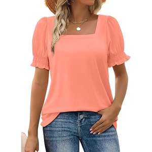 image:imageWIHOLL Tops for Women Summer Casual Ruffle Trim Sleeve Square Neck T Shirts1coral