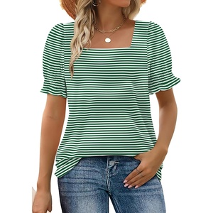 image:imageWIHOLL Tops for Women Summer Casual Ruffle Trim Sleeve Square Neck T Shirts1greenstripe