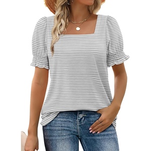image:imageWIHOLL Tops for Women Summer Casual Ruffle Trim Sleeve Square Neck T Shirts1greystripe