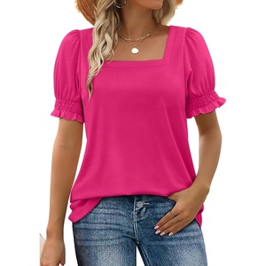 image:imageWIHOLL Tops for Women Summer Casual Ruffle Trim Sleeve Square Neck T Shirts1hotpink