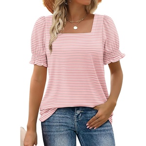 image:imageWIHOLL Tops for Women Summer Casual Ruffle Trim Sleeve Square Neck T Shirts1pinkstripe