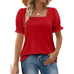 image:imageWIHOLL Tops for Women Summer Casual Ruffle Trim Sleeve Square Neck T Shirts1red