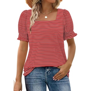 image:imageWIHOLL Tops for Women Summer Casual Ruffle Trim Sleeve Square Neck T Shirts1redstripe