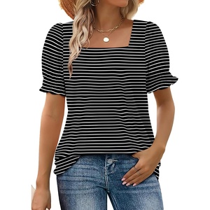 image:imageWIHOLL Tops for Women Summer Casual Ruffle Trim Sleeve Square Neck T Shirts1whitestripe