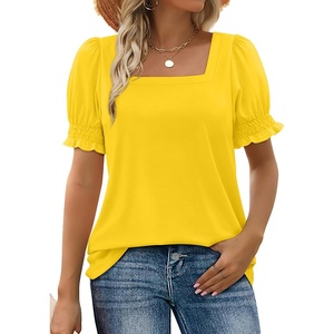 image:imageWIHOLL Tops for Women Summer Casual Ruffle Trim Sleeve Square Neck T Shirts1yellow