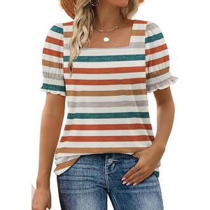 image:imageWIHOLL Tops for Women Summer Casual Ruffle Trim Sleeve Square Neck T Shirts2multicolor 2
