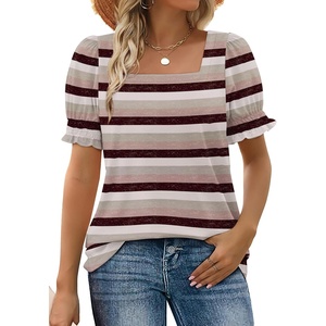 image:imageWIHOLL Tops for Women Summer Casual Ruffle Trim Sleeve Square Neck T Shirts2multicolor 3