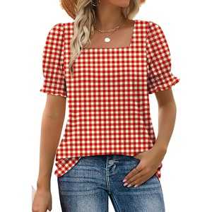 image:imageWIHOLL Tops for Women Summer Casual Ruffle Trim Sleeve Square Neck T ShirtsPlaid Red