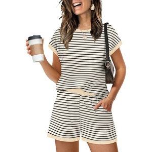 image:imageWIHOLL Two Piece Sets for Women Summer Lounge Short Sets Cap Sleeve Crew Neck Sweatsuit with Pocket XS2XL01beige Black Stripe