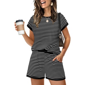 image:imageWIHOLL Two Piece Sets for Women Summer Lounge Short Sets Cap Sleeve Crew Neck Sweatsuit with Pocket XS2XL04black White Stripe
