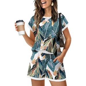 image:imageWIHOLL Two Piece Sets for Women Summer Lounge Short Sets Cap Sleeve Crew Neck Sweatsuit with Pocket XS2XL08floral Palm Leaf