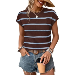image:imageWIHOLL Womens Lightweight Sweater Spring Summer Fall Outfits Cap Sleeve Hollow Out Knit Fashion Clothing 2026Blue Brown Stripes