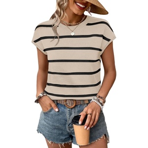 image:imageWIHOLL Womens Lightweight Sweater Spring Summer Fall Outfits Cap Sleeve Hollow Out Knit Fashion Clothing 2026Khaki Black Stripes