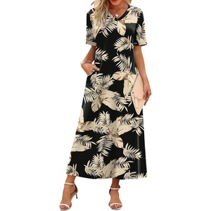 image:imageWIHOLL Womens Maxi Dresses V Neck Vacation Beach Sundresses Floral Travel Summer DressFloral Black Leaves