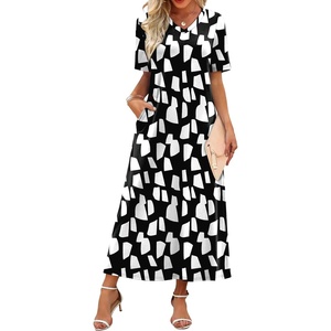 image:imageWIHOLL Womens Maxi Dresses V Neck Vacation Beach Sundresses Floral Travel Summer DressFloral Black White Geometry