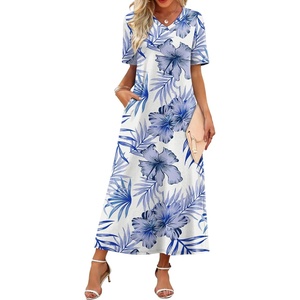 image:imageWIHOLL Womens Maxi Dresses V Neck Vacation Beach Sundresses Floral Travel Summer DressFloral Blue Leaves