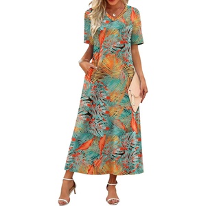 image:imageWIHOLL Womens Maxi Dresses V Neck Vacation Beach Sundresses Floral Travel Summer DressFloral Coconut Leaves