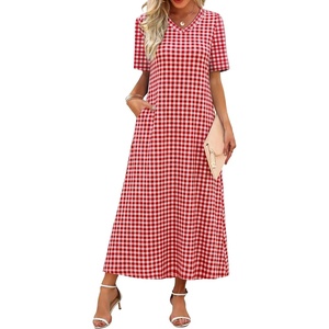 image:imageWIHOLL Womens Maxi Dresses V Neck Vacation Beach Sundresses Floral Travel Summer DressFloral Red Grid