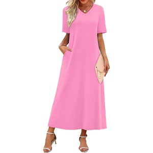image:imageWIHOLL Womens Maxi Dresses V Neck Vacation Beach Sundresses Floral Travel Summer DressPlain Pink