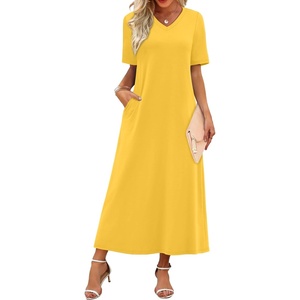 image:imageWIHOLL Womens Maxi Dresses V Neck Vacation Beach Sundresses Floral Travel Summer DressPlain Yellow