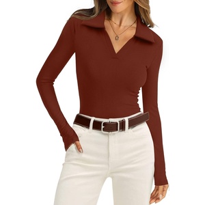 image:imageWIHOLL Womens Polo Shirts Long Sleeve Business Casual Tops Collared V Neck Ribbed Knit Sweater Slim Fit BlousesBurgundy