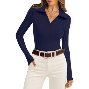image:imageWIHOLL Womens Polo Shirts Long Sleeve Business Casual Tops Collared V Neck Ribbed Knit Sweater Slim Fit BlousesNavy Blue