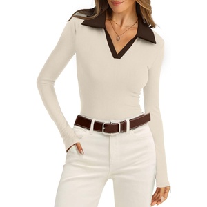image:imageWIHOLL Womens Polo Shirts Long Sleeve Business Casual Tops Collared V Neck Ribbed Knit Sweater Slim Fit BlousesZapricotchocolate Brown
