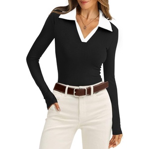 image:imageWIHOLL Womens Polo Shirts Long Sleeve Business Casual Tops Collared V Neck Ribbed Knit Sweater Slim Fit BlousesZblackwhite