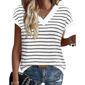 image:imageWIHOLL Womens Short Sleeve Sweater V Neck Cute Summer Fall Striped Pullover1black White