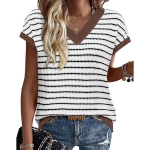 image:imageWIHOLL Womens Short Sleeve Sweater V Neck Cute Summer Fall Striped Pullover1white Black Coffee