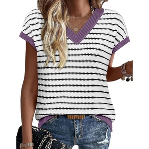 image:imageWIHOLL Womens Short Sleeve Sweater V Neck Cute Summer Fall Striped Pullover1white Black Purple