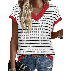 image:imageWIHOLL Womens Short Sleeve Sweater V Neck Cute Summer Fall Striped Pullover1white Black Red